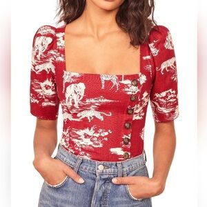 Reformation Leo Linen Top Nairobi Red Safari Print Button Detail Puff Sleeves 6